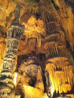 the inside of a cave filled with stalate formations