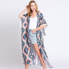 Size : 35" X 47.5" Material : 100% Polyester Multicolor Long One-size Kimono, White Long Beach Outerwear, Long White Beach Outerwear, Multicolor Open Front Outerwear For Beach, Casual Patterned Beach Outerwear, Oversized Multicolor Beach Cardigan, Oversized Multicolor Cardigan For The Beach, Bohemian Patterned Beach Outerwear, Bohemian Oversized Beach Outerwear