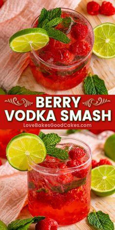 berry vodka smash in a glass with limes and raspberries