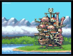 an old pixel art style video game with some characters on the screen and mountains in the background