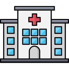 a hospital building with a red cross on the top and blue windows, in front of a white background