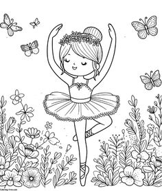 a girl ballerina in the garden with butterflies