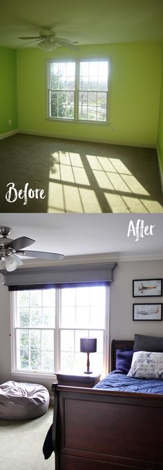 before and after photos of a bedroom with green walls, carpeted flooring and ceiling fan