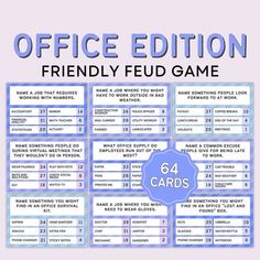 the office card game is shown in blue and white with text that reads, friendly fed game 6 cards