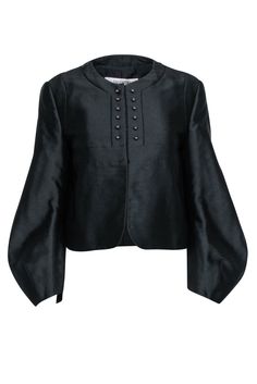 Add a layer of elegance to your evening looks with this chic Valentino jacket. Bubble sleeves lend a fun feel to this sophisticated bolero style. Its cropped length creates a flattering fit that's perfect for layering over a cocktail dress or pairing with sleek trousers. Get ready to turn heads all night long! Size 10 52% Wool, 32% Polyester, 16% Silk Lining 61% Polyamide, 39% Silk Made in Italy Front hook eye closures Crewneck Bubble sleeves Bolero style Gunmetal faux buttons Bust 41" Waist 41" Shoulder to hem 20.5" Sleeve length 24" Shoulder to shoulder 16" Valentino Jacket, Bolero Style, Sleeve Bolero, Valentino Black, Bolero Jacket, Bubble Sleeve, Buy Shoes Online, Hook Eye, Sweater Weather