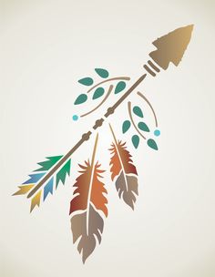 an arrow with feathers and leaves on it