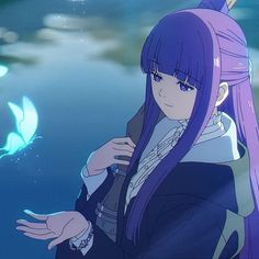 an anime character with long purple hair and blue eyes standing in front of a body of water