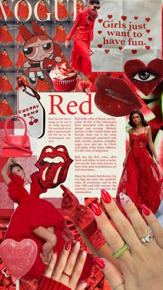 a collage of red images and pictures with woman's hands in the foreground