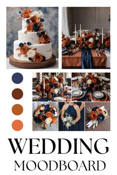 wedding mood board with orange, blue and white flowers on the top tiers in different colors