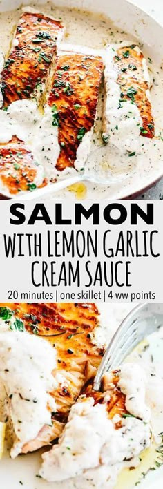 salmon with lemon garlic cream sauce in a skillet on a white plate and the title overlay reads salmon with lemon garlic cream sauce