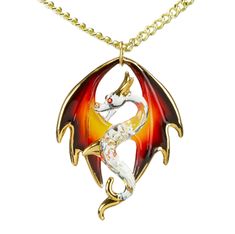 Dragon Necklace See how glass turns into an exciting dragon necklace, ready to amaze and inspire. Handcrafted Dragon Pendant: This pendant is carefully made by hand, featuring the detailed design of a majestic dragon. 18" Gold Plated Chain: It hangs from an 18-inch chain plated with gold, adding durability and a luxurious shine to your necklace. Decorated with Genuine Crystals, Real 22k Gold, and airbrushing: The pendant sparkles with genuine crystals, real 22k gold, and delicate airbrushing, cr Unique Dragon Design Necklace Collectible, Gold Fantasy Jewelry With Dragon Design, Unique Dragon Design Necklace For Collectors, Fantasy Gold Jewelry With Dragon Design, Gold Fantasy Necklace With Dragon Design, Gold Fantasy Dragon Necklace, Fantasy Dragon Design Necklace, Collectible Fantasy Jewelry With Dragon Design, Fantasy Dragon Design Jewelry For Collectors