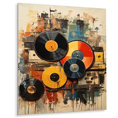 an abstract painting with vinyl records on it