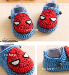 there is a crocheted spiderman shoe with buttons on the front and bottom