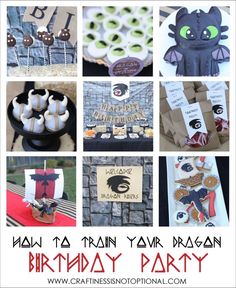 a collage of photos with the words how to train your dragon birthday party