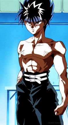 an anime character with black hair and no shirt on, standing in front of a blue wall