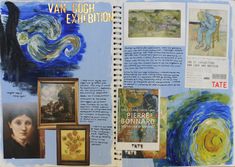 an open book with paintings and pictures on the pages that include van gogh's art