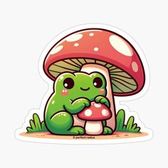 a green frog sitting on the ground next to a mushroom with its eyes closed sticker