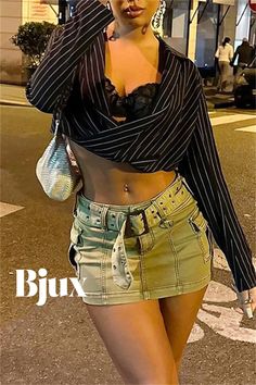 Bjux - Sophisticated Striped Backless Shirt with Turn-down Collar Casual Long Sleeve Crop Top For Club, Spring Long Sleeve Club Crop Top, Edgy Crop Top For Club In Spring, Edgy Crop Top For Club And Spring, Edgy Crop Top For Club And Spring Season, Casual Crop Top For Club In Fall, Spring Y2k Style Crop Top For Club, Edgy Long Sleeve Summer Crop Top, Edgy Long Sleeve Crop Top For Summer