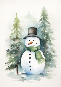 Watercolor illustration of a cheerful snowman with a carrot nose, wearing a top hat and scarf, standing amidst snowy pine trees. Snowman Clipart, Winter Watercolor, Christmas Card Art, 카드 디자인, Watercolor Christmas Cards, Winter Painting, Old Christmas, Christmas Paintings, Christmas Illustration