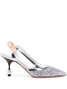 silver-tone rhinestone embellishment pointed toe buckle-fastening ankle strap slingback strap faux-pearl detailing mid heel Embellished Heels, Silver Pumps, Giambattista Valli, Silver Shoes, Shoes Color, Slingback Pump, Kitten Heel, Mid Heel, Pump Shoes