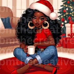 a painting of a woman sitting on the floor holding a coffee cup and wearing a santa hat