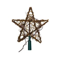 a star made out of branches on top of a green pole with lights attached to it