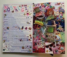 an open book with lots of stickers on it