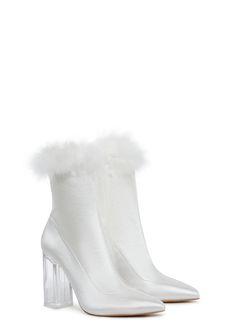 Make your haters jealous with these ankle boots that have a satin construction, a marabou trim, a pointed toe design, chunky lucite block heels, and side zipper closures. Halloween Costume Boots, Satin Boots, Lucite Heels, Booties Outfit, Sugar Thrillz, Free Shoes, Outerwear Outfit, New Dolls, Halloween Sale