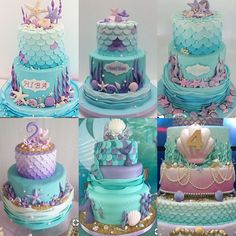 a collage of cakes with mermaid themed decorations