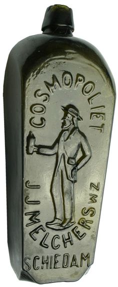 an old fashioned metal flask with a man holding a glass bottle in his hand