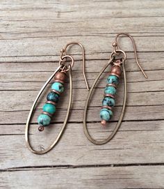 Southwestern inspired earrings made with stacked African turquoise stones inside hammered copper hoops. Approx 1.5" in length. Gold Ear Jacket, Turquoise Dangle Earrings, Dangle Earrings Wedding, Turquoise Hoop Earrings, Geode Earrings, Turquoise Earrings Dangle, Jewelry Heart, Thread Earrings, Bracelets Diy