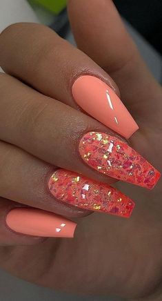 Ongles Rose Pastel, Orange Nail, Manicure Gel, Nail Designs Glitter, Nailed It, Hot Nails, Unique Nails, Coffin Nails Designs, Pretty Acrylic Nails