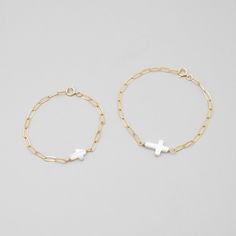 Mother of Pearl Cross Chain Bracelet - Jewel Ya White Dainty Jewelry With Paperclip Chain, White 14k Gold Filled Chain Bracelet Gift, White 14k Gold Filled Bracelets With Adjustable Chain, Adjustable White 14k Gold-filled Bracelets, Adjustable White 14k Gold-filled Bracelet, Dainty White 14k Gold Filled Chain Bracelet, Dainty White 14k Gold Chain Bracelet, Minimalist 14k White Gold Bracelets, Minimalist 14k Gold White Bracelet