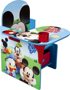 the mickey mouse chair is painted blue and red with cartoon characters on it's sides