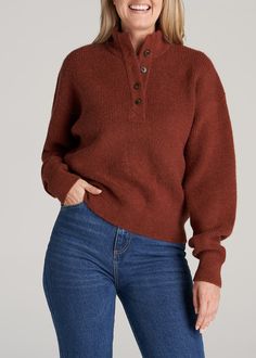 American Tall Button Front Mock Neck Sweater. This women’s tall sweater has a ribbed mock neck collar with a four-button placket and a relaxed fit. Fall Polo Sweater With Ribbed Cuffs And Funnel Neck, Casual Fall Polo Sweater With Buttons, Fall Knit Polo Sweater With Buttons, Casual Polo Sweater With Buttons For Fall, Knit Button Polo Sweater For Fall, Knit Polo Sweater With Buttons For Fall, Cozy Turtleneck Polo Sweater For Fall, Winter Turtleneck Sweater With Buttons, Funnel Neck Polo Sweater For Fall