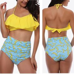 New Banana Print Bikini Swimsuit Blue High Waist Bottoms With Banana Print Bright Yellow Ruffle Flounce Top Ties At Neck And Back Removable Padded Cups Size Xl New With Hygienic Liner Intact Yellow Fitted Tankini For Swimming, Fitted Yellow Tankini For Poolside, Fitted Yellow Tankini For Swimming, Yellow One-piece Summer Tankini, Yellow Sleeveless Swimwear For Beach Season, Fitted Yellow Tankini For Beachwear, Yellow Triangle Top Tankini For Swimming, Yellow Stretch Tankini For Sunbathing, Yellow One-piece Tankini