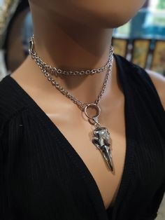 Steel Gothic Punk Choker Collar Raven Bird Skull Layered Necklace Set  in Goth Grunge Viking Aesthetic. It is an all stainless steel curb chain, all connected to one clasp.  Length at neck runs from 13" to 16" with a built in extender.. PLEASE NOTE FOR RETURNS! If I accept returns on your purchase (check when ordering, some items are "no returns") your will receive a refund once I receive the item back, and your refund is MINUS  the original shipping fees, as I have already paid to ship it. So m Alternative Metal Jewelry For Cosplay, Punk Necklace With Lobster Clasp For Halloween, Grunge Necklaces For Halloween, Silver Alternative Jewelry For Cosplay, Grunge Jewelry For Halloween Alternative Fashion, Alternative Halloween Jewelry With Adjustable Chain, Grunge Jewelry For Halloween, Grunge Jewelry For Halloween And Alternative Fashion, Grunge Halloween Jewelry For Alternative Fashion