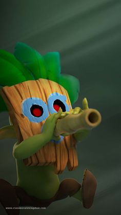 a cartoon character with big eyes holding a large piece of wood