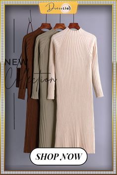 Women Clothing Autumn Winter New Korean Half High Collar Sweater Slim Fit with Underlay Knitted Dress Streetwear White Dress Beige Knitted Winter Dress, Winter Beige Knitted Dress, Winter Ribbed Beige Dress, Long Beige Winter Dresses, Beige Stretch Long Dress, Beige Stretch Knitted Sweater Dress, Beige Knitted Long Sleeve Dress, Beige Knitted Knee-length Sweater Dress, Long Ribbed Knit Sweater Dress