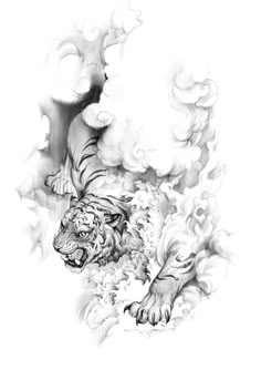 a black and white drawing of a tiger laying on the ground with clouds in the background