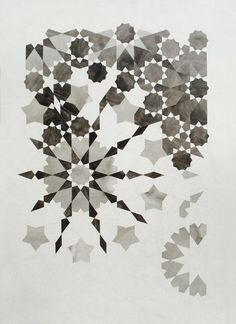 an abstract drawing made with black and white ink on paper, depicting several different shapes