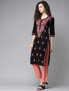 Black Semi-stitched Embroidered Fabric, Black Resham Embroidered Fabric, Black Resham Embroidery Fabric, Embroidered Fabric For Straight Kurta With Dabka Work, Chikankari Embroidery Fabric For Diwali, Black Embroidered Fabric With Intricate Details, Chikankari Embroidered Fabric For Festivals, Black Cotton Kurti, Kurti Party Wear