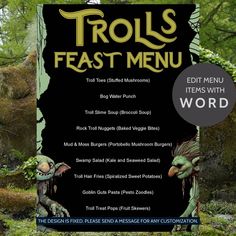 Editable Trolls Feast Menu featuring spooky, fantasy-themed food items like Troll Toes, Bog Water Punch, and Goblin Guts Pasta, perfect for Halloween or fantasy-themed parties. Halloween Party Menu, Themed Meals, Pesto Zoodles, Veggie Bites, Fall Feast, Spiralized Sweet Potato, Mushroom Burger, Fruit Skewers, Movie Snacks