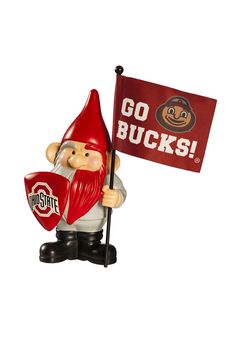 a gnome figurine holding a sign that says go buck's on it