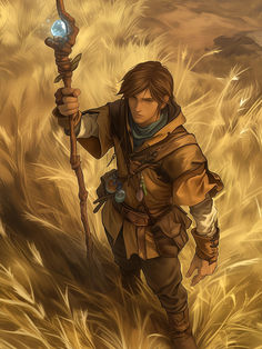 an image of a man with a bow and arrow in his hand walking through some tall grass