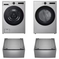 three different types of washing machines in front of each other, one with the door open