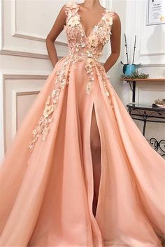 www.babyonlinedress.co.uk offers Straps V Neck Applique A Line Prom Dresses | Front Slit Sleeeveless Evening Dresses at cheap price for clients Debut Gown, Graduation Dresses Long, Flower Prom Dress, Evening Dress Long, Big Dresses, Floral Prom Dresses, V Neck Prom Dresses, Evening Gown Dresses, Princess Dresses