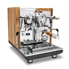 an automatic espresso machine with wooden case