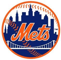 the new york mets logo is shown on an orange and blue background with cityscape