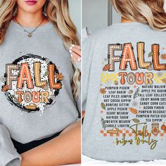 Get ready to rock and roll on the Fall Tour with this shirt. Made with Comfort Colors brand t-shirts or Gildan Sweatshirts for ultimate comfort, this shirt features a bold Fall Tour design. You'll be electrifying the stage and making a stylish statement all at once. Don't miss out on this unique and playful addition to your Fall wardrobe. Fall Crew Neck Top With Graphic Design, Band Merch Slogan T-shirt For Fall, Fall Concert T-shirt With Text Print, Fall Streetwear Shirt With Text Print, Fall Graphic Tee Tops With Graphic Design, Long Sleeve Letter Print T-shirt For Concert, Text Print Top For Fall Concerts, Relaxed Fit Letter Print Tops For Music Festivals, Relaxed Fit Top With Letter Print For Music Festivals